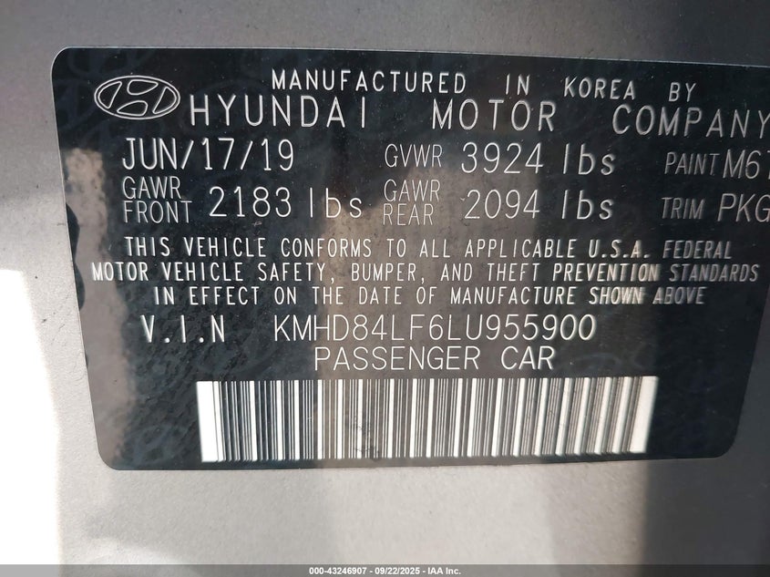 2020 HYUNDAI ELANTRA LIMITED KMHD84LF6LU955900