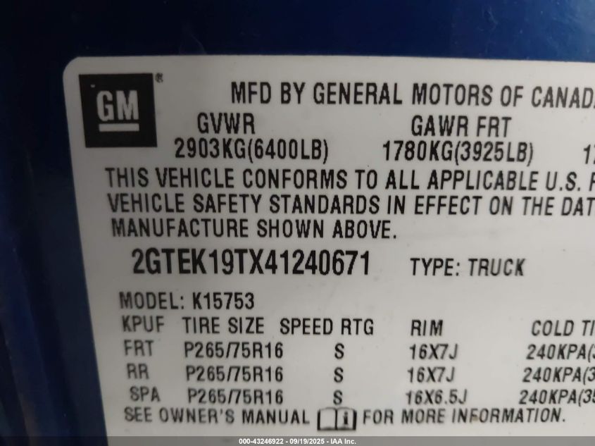 2004 GMC Sierra 1500 Sle VIN: 2GTEK19TX41240671 Lot: 43246922