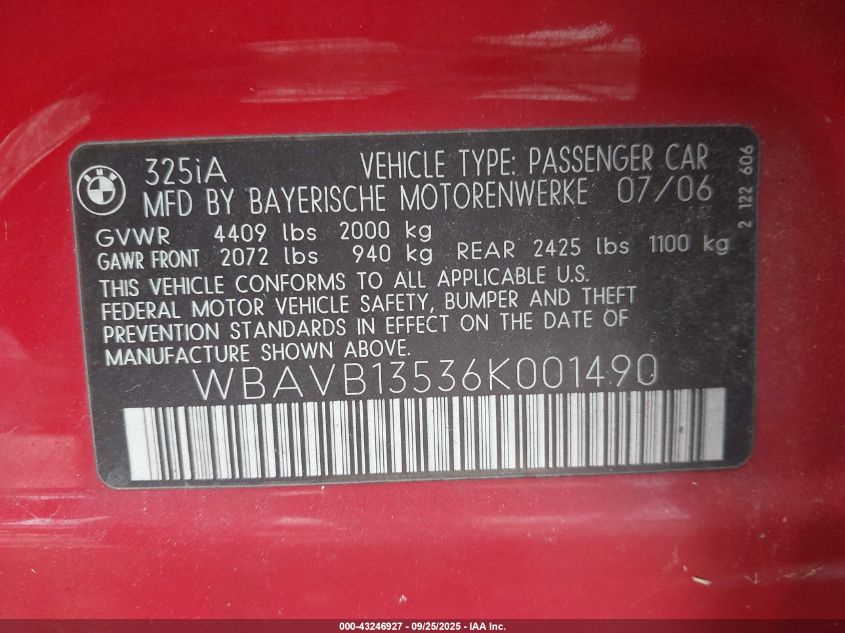 2006 BMW 325I VIN: WBAVB13536K001490 Lot: 43246927