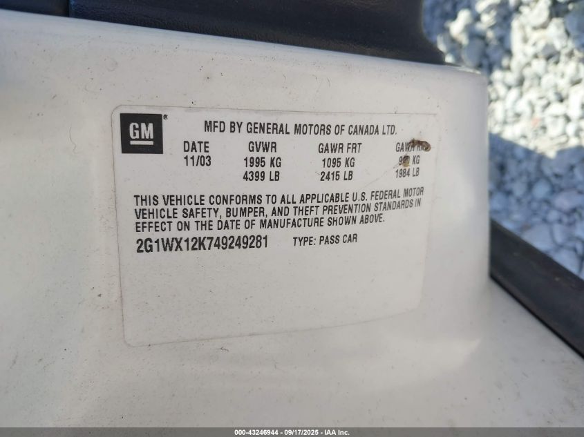 2004 Chevrolet Monte Carlo Ss VIN: 2G1WX12K749249281 Lot: 43246944