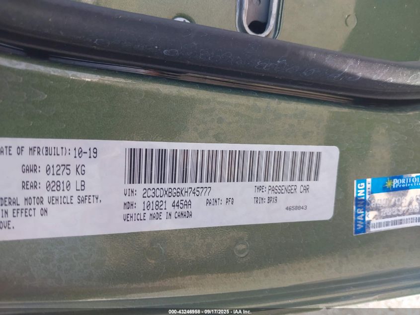 2019 Dodge Charger Sxt Rwd VIN: 2C3CDXBG6KH745777 Lot: 43246958