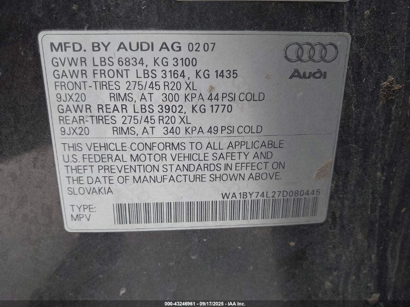 2007 Audi Q7 3.6 Premium VIN: WA1BY74L27D080445 Lot: 43246961