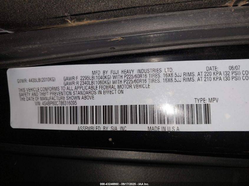 2008 Subaru Outback VIN: 4S4BP60C786316095 Lot: 43246980