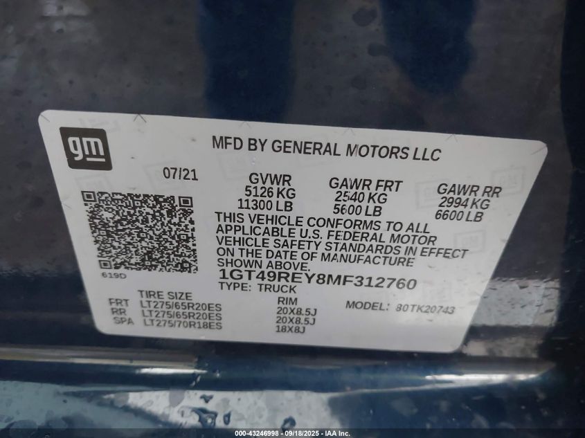 2021 GMC Sierra 2500Hd 4Wd Standard Bed Denali VIN: 1GT49REY8MF312760 Lot: 43246998