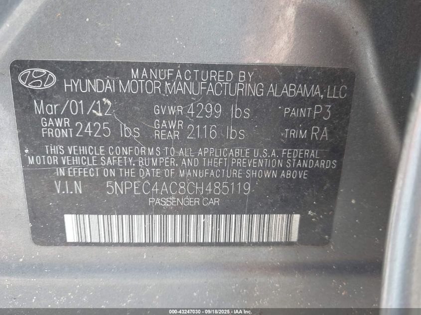 2012 Hyundai Sonata Limited VIN: 5NPEC4AC8CH485119 Lot: 43247030