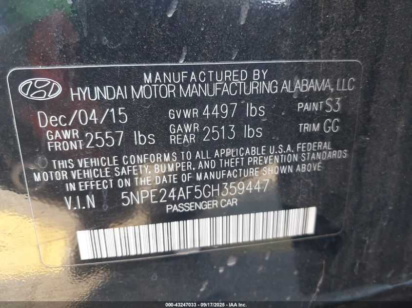 2016 Hyundai Sonata Se VIN: 5NPE24AF5GH359447 Lot: 43247033