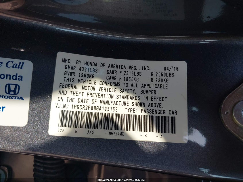 1HGCR2F88GA195153 2016 HONDA ACCORD photo no. 9