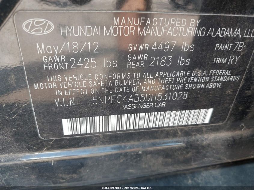 2013 Hyundai Sonata Se 2.0T VIN: 5NPEC4AB5DH531028 Lot: 43247043