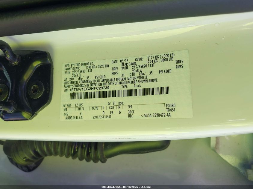 2017 Ford F150 Supercrew VIN: 1FTEW1EG2HFC29739 Lot: 43247055