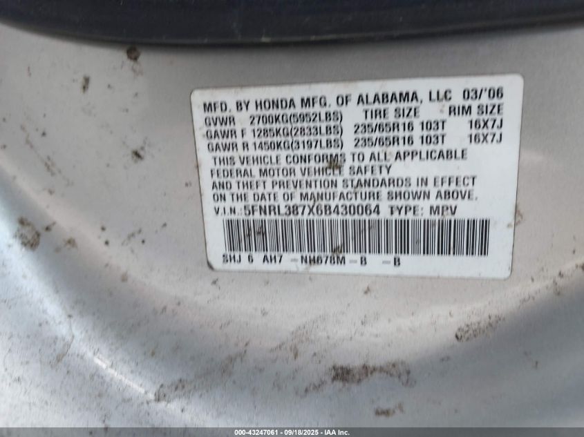 2006 Honda Odyssey Ex-L VIN: 5FNRL387X6B430064 Lot: 43247061