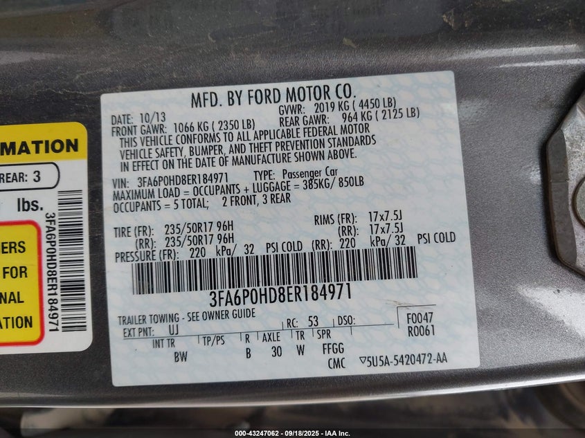 2014 Ford Fusion Se VIN: 3FA6P0HD8ER184971 Lot: 43247062