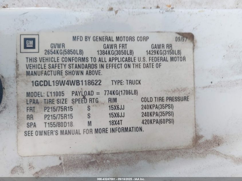 1998 Chevrolet Astro VIN: 1GCDL19W4WB118622 Lot: 43247081