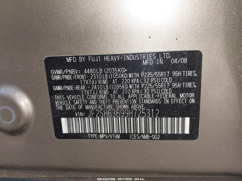 2009 Subaru Forester 2.5X VIN: JF2SH63699H725312 Lot: 43247086