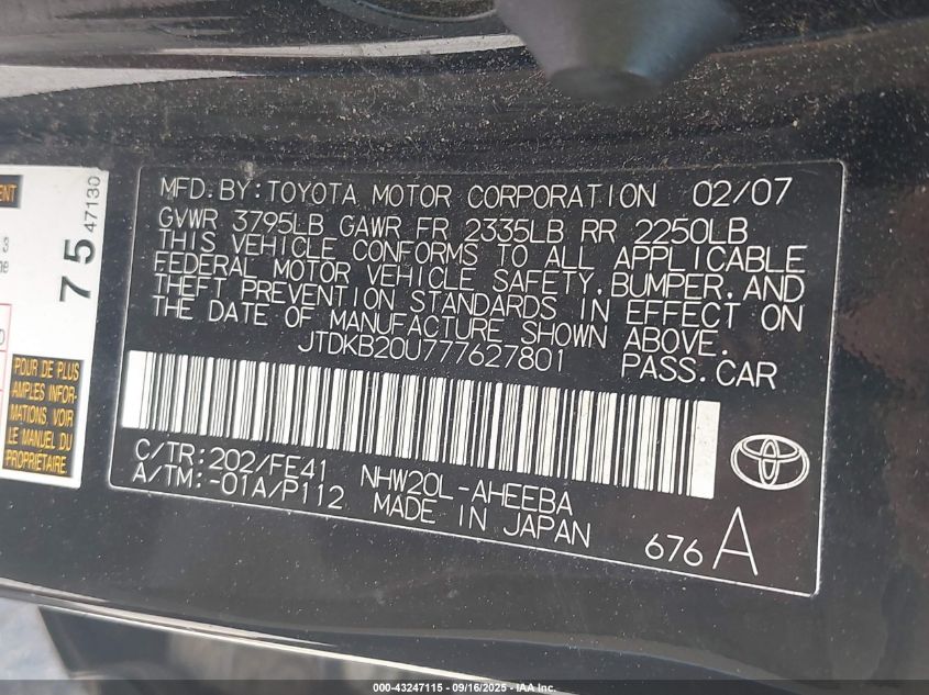 2007 Toyota Prius VIN: JTDKB20U777627801 Lot: 43247115