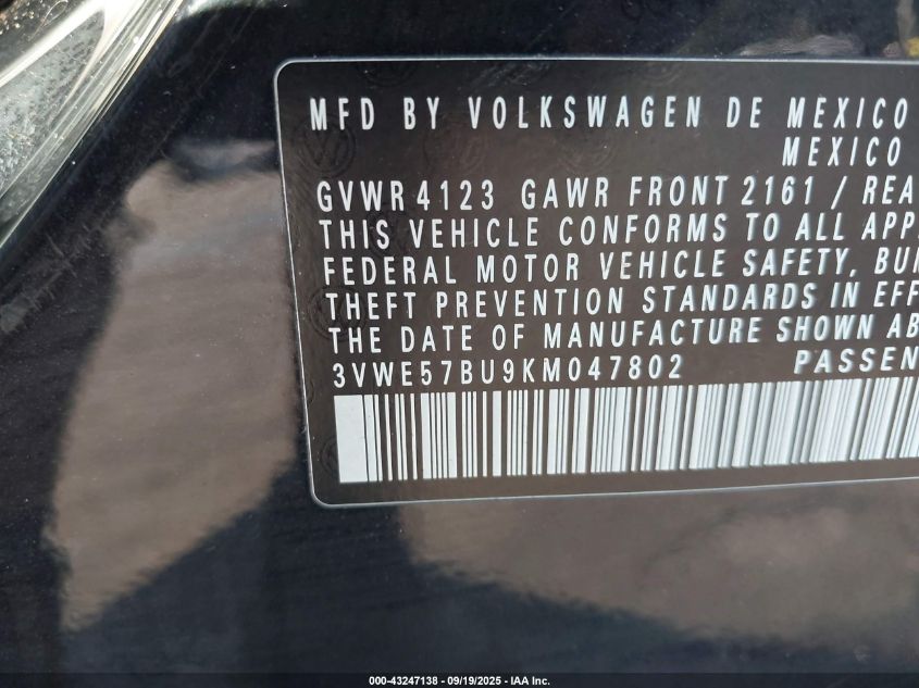 2019 Volkswagen Jetta 1.4T Sel VIN: 3VWE57BU9KM047802 Lot: 43247138