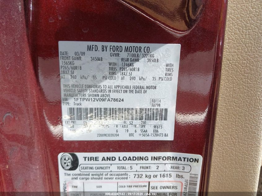 2009 Ford F-150 King Ranch/Lariat/Platinum/Xl/Xlt VIN: 1FTPW12V09FA78624 Lot: 43247142