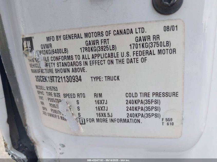 2002 Chevrolet Silverado 1500 Lt VIN: 2GCEK19T721130934 Lot: 43247153