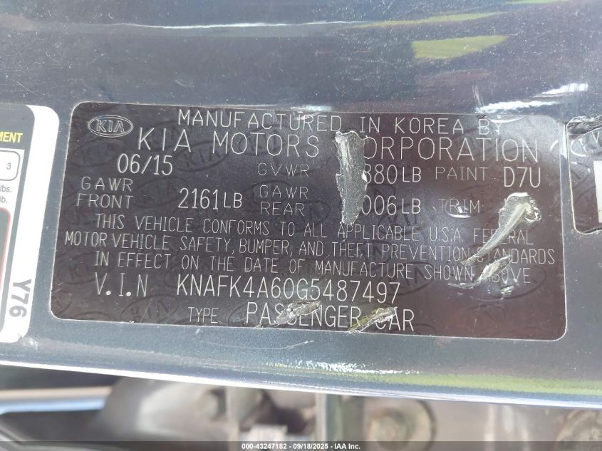 2016 Kia Forte Lx VIN: KNAFK4A60G5487497 Lot: 43247182