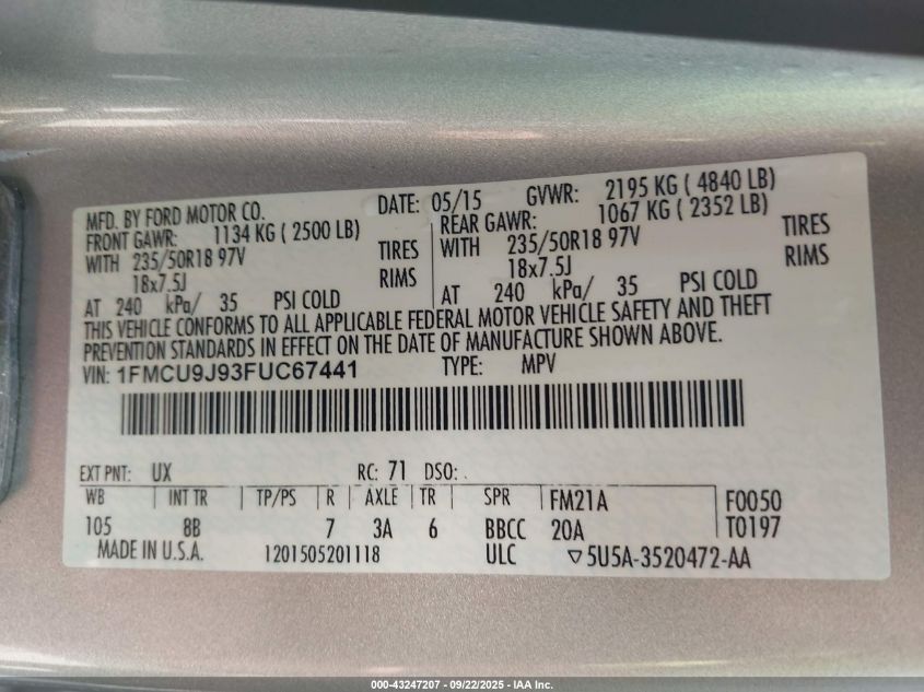 2015 Ford Escape Titanium VIN: 1FMCU9J93FUC67441 Lot: 43247207