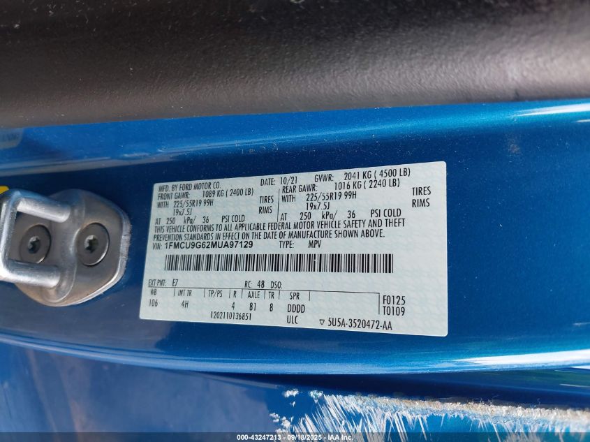 2021 Ford Escape Se VIN: 1FMCU9G62MUA97129 Lot: 43247213