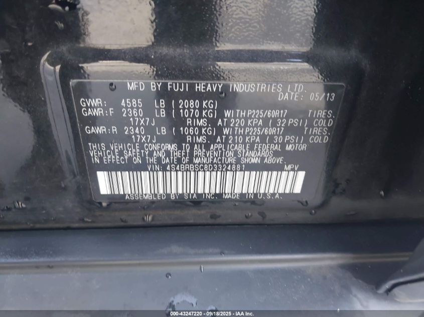 2013 Subaru Outback 2.5I Limited VIN: 4S4BRBSC8D3324881 Lot: 43247220