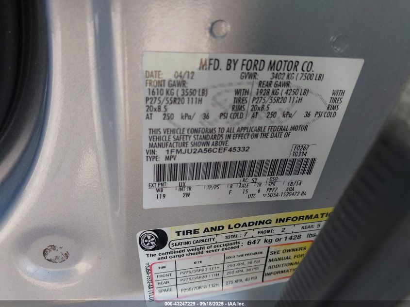 2012 Ford Expedition Limited VIN: 1FMJU2A56CEF45332 Lot: 43247229