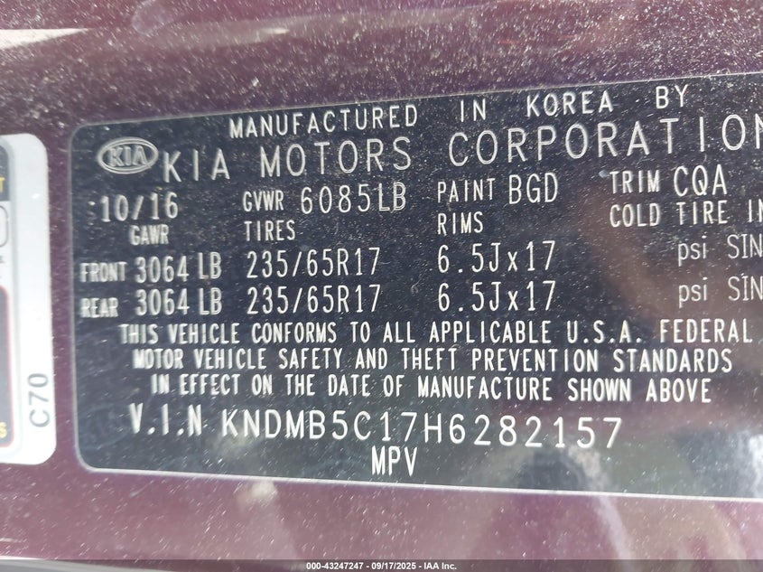 2017 KIA SEDONA LX KNDMB5C17H6282157