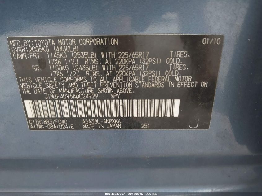 2010 Toyota Rav4 VIN: JTMZF4DV6AD024929 Lot: 43247257