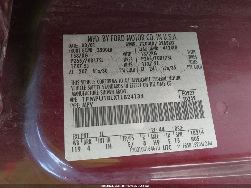 2001 Ford Expedition Eddie Bauer VIN: 1FMPU18LX1LB24134 Lot: 43247258