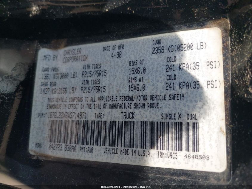 1998 Dodge Dakota Slt/Sport VIN: 1B7GL22X6WS714871 Lot: 43247261