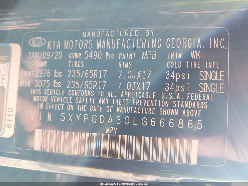 2020 Kia Sorento 2.4L Lx VIN: 5XYPGDA30LG666865 Lot: 43247271