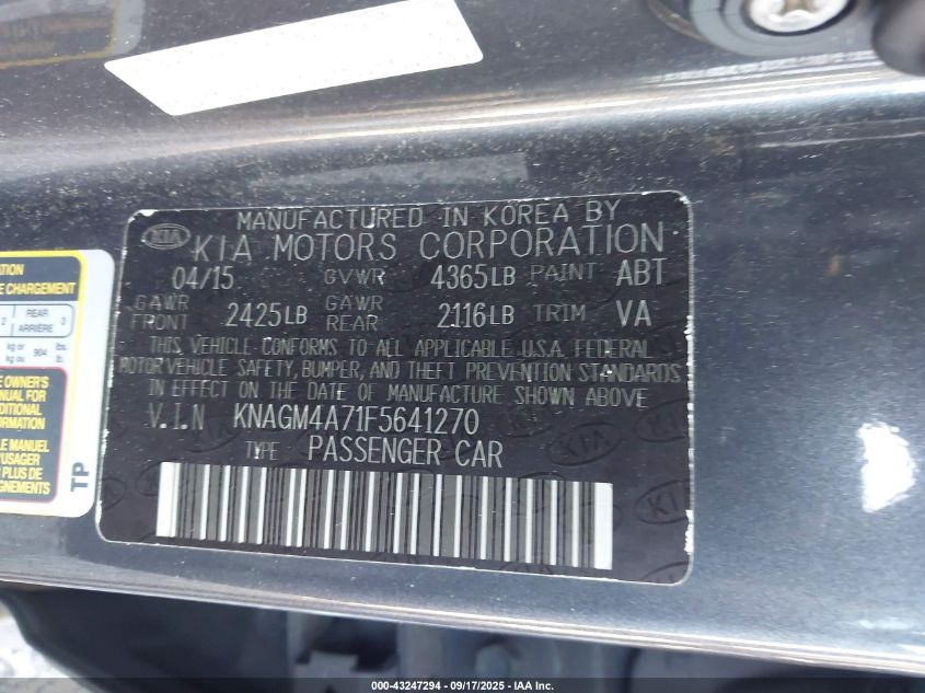 2015 Kia Optima Lx VIN: KNAGM4A71F5641270 Lot: 43247294