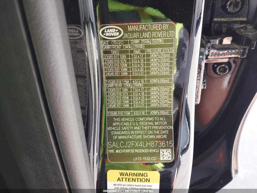 2020 LAND ROVER DISCOVERY SPORT S SALCJ2FX4LH873615