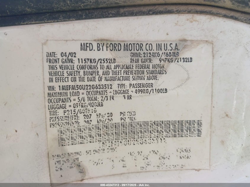 2002 Mercury Sable Gs VIN: 1MEFM50U22G633512 Lot: 43247312