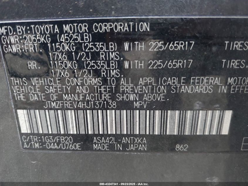 2017 Toyota Rav4 Le VIN: JTMZFREV4HJ137138 Lot: 43247341