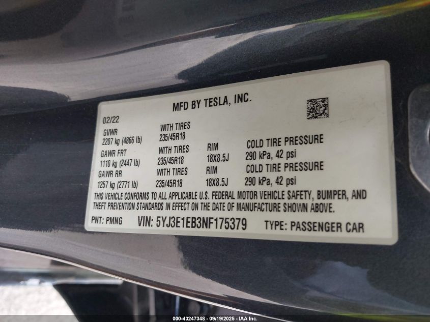 2022 Tesla Model 3 Long Range Dual Motor All-Wheel Drive VIN: 5YJ3E1EB3NF175379 Lot: 43247348