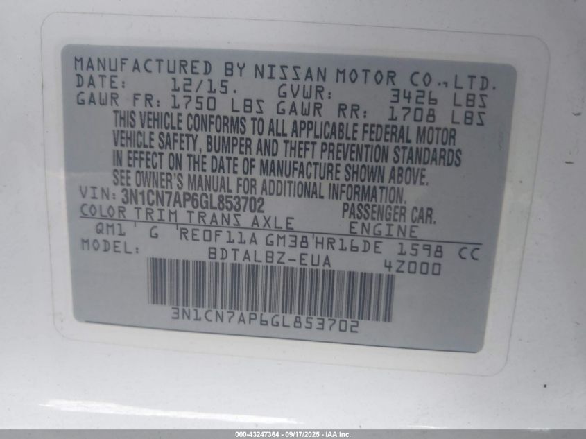 2016 Nissan Versa 1.6 S/1.6 S+/1.6 Sl/1.6 Sv VIN: 3N1CN7AP6GL853702 Lot: 43247364