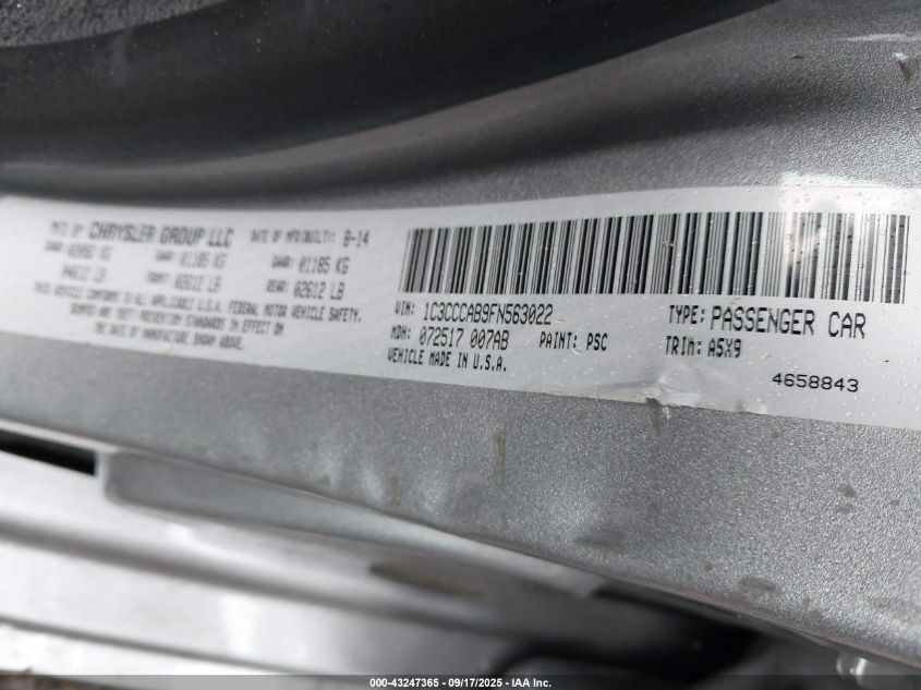 2015 Chrysler 200 Limited VIN: 1C3CCCAB8FN563022 Lot: 43247365
