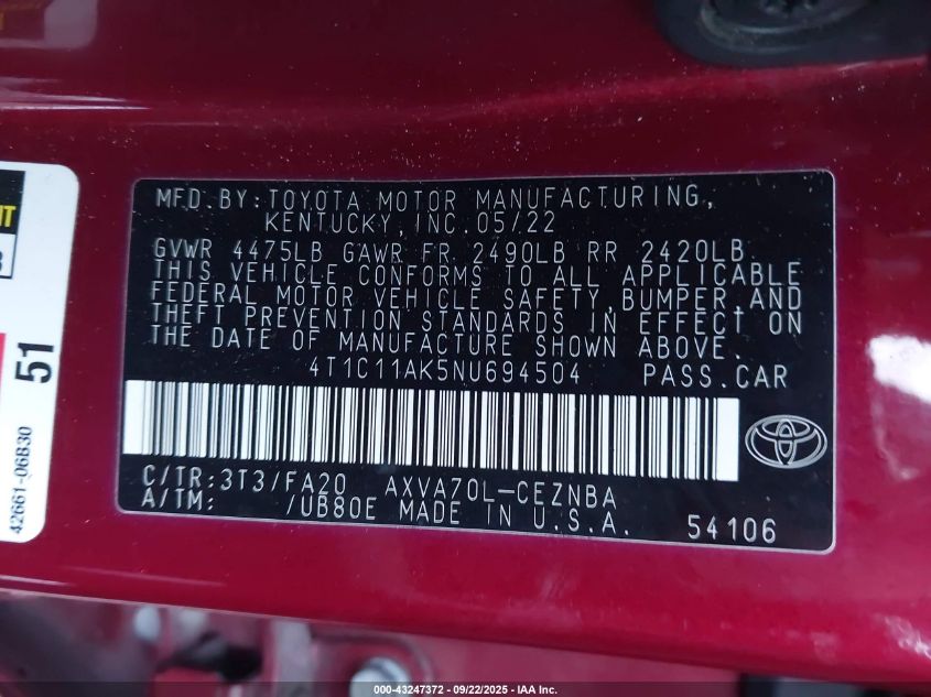 2022 Toyota Camry Le VIN: 4T1C11AK5NU694504 Lot: 43247372