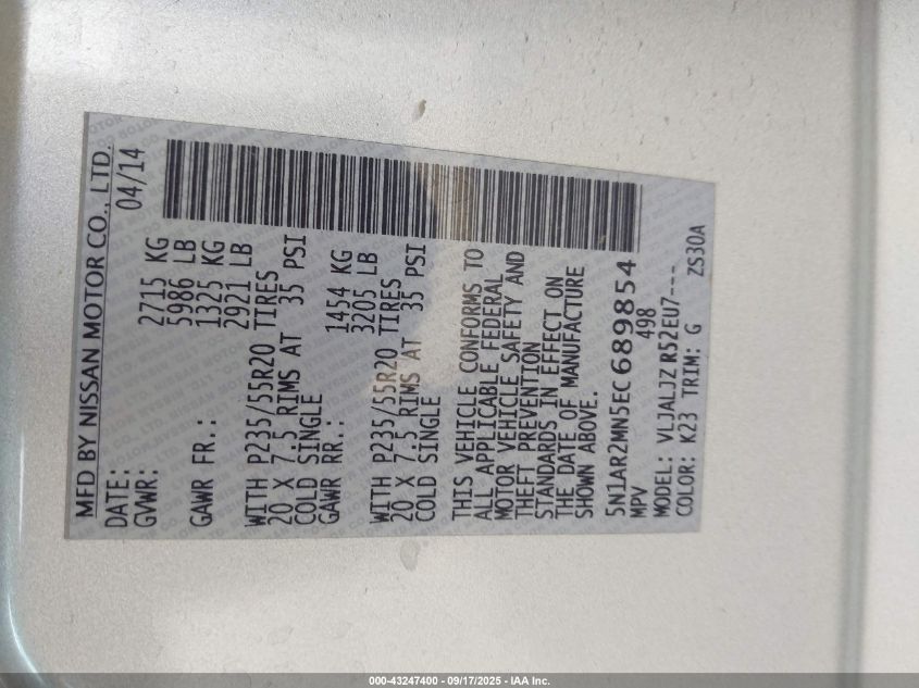 2014 Nissan Pathfinder Platinum VIN: 5N1AR2MN5EC689854 Lot: 43247400