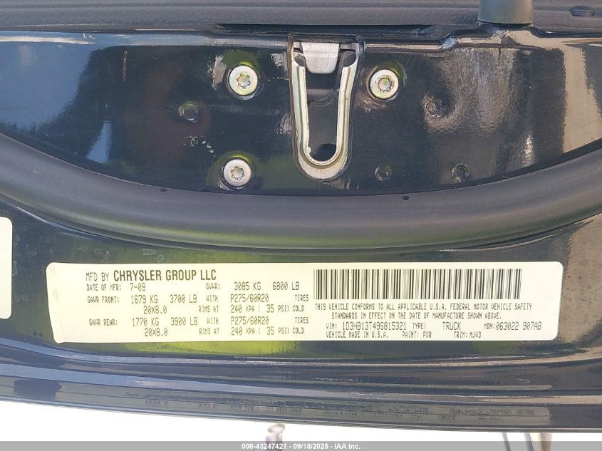 2009 Dodge Ram 1500 Slt/Sport/Trx VIN: 1D3HB13T49S815321 Lot: 43247421