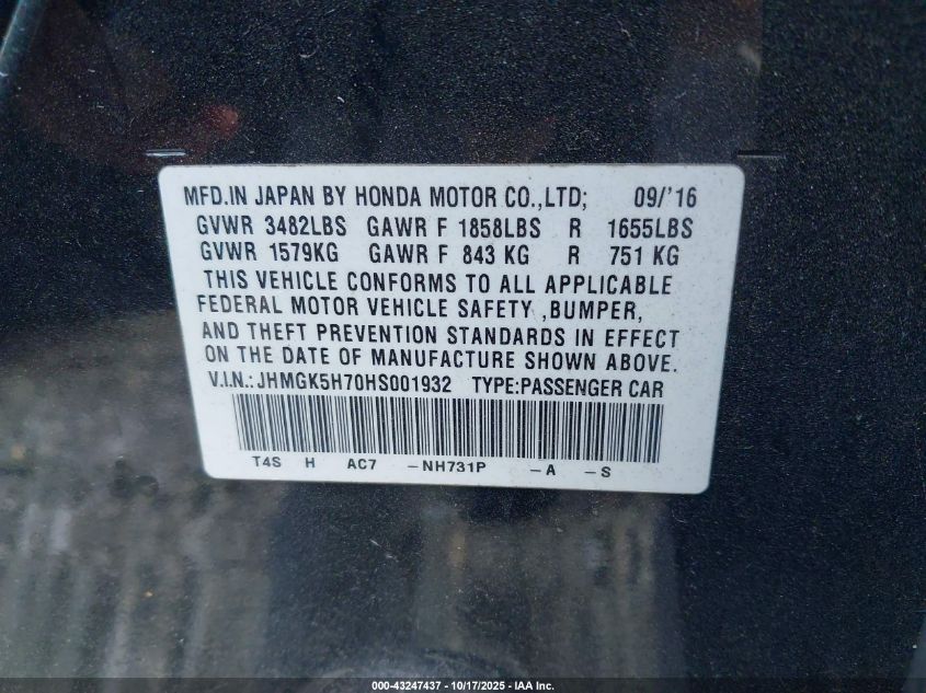 2017 Honda Fit Ex VIN: JHMGK5H70HS001932 Lot: 43247437