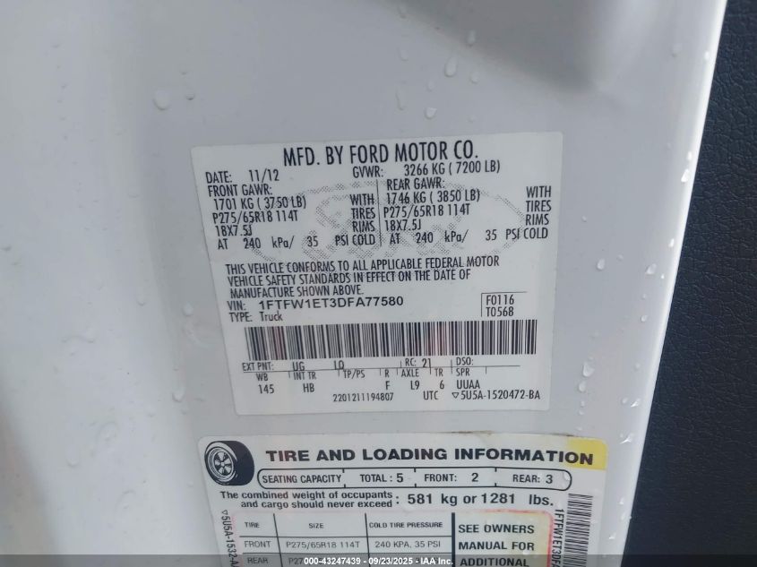 2013 Ford F-150 Lariat VIN: 1FTFW1ET3DFA77580 Lot: 43247439