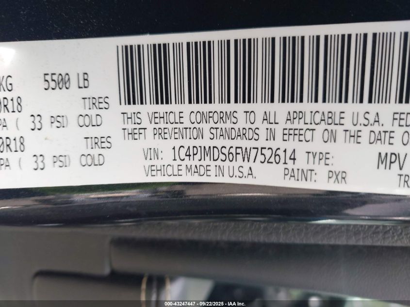 2015 Jeep Cherokee Limited VIN: 1C4PJMDS6FW752614 Lot: 43247447