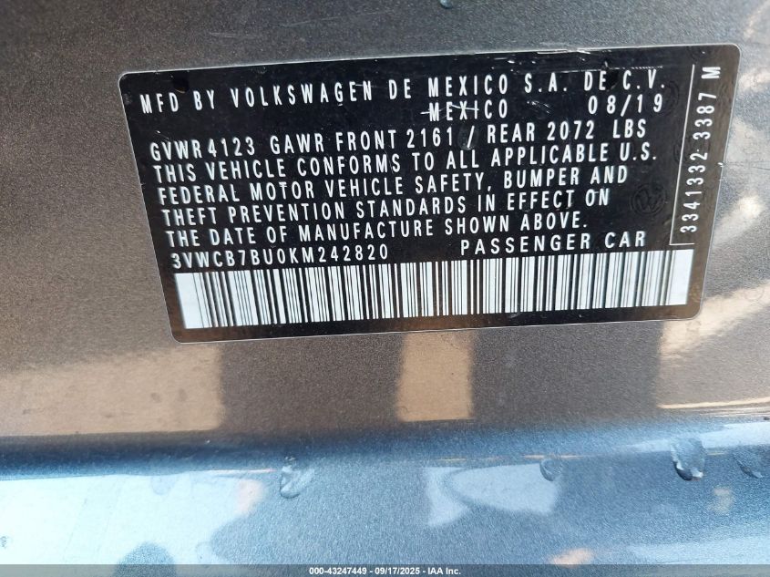 2019 Volkswagen Jetta 1.4T R-Line/1.4T S/1.4T Se VIN: 3VWCB7BU0KM242820 Lot: 43247449