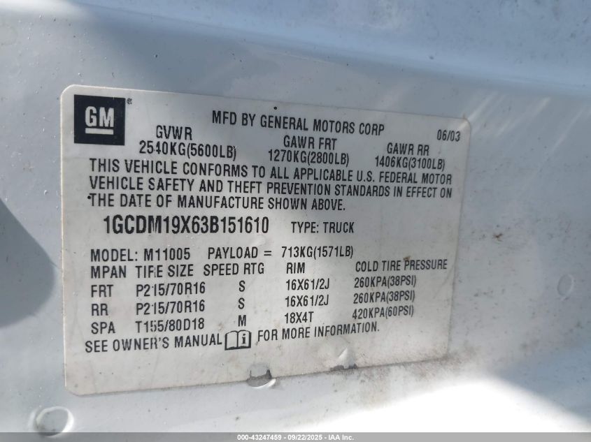 2003 Chevrolet Astro VIN: 1GCDM19X63B151610 Lot: 43247459