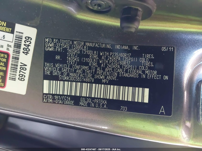 2011 Toyota Sienna Le V6 VIN: 5TDKK3DC5BS148878 Lot: 43247467