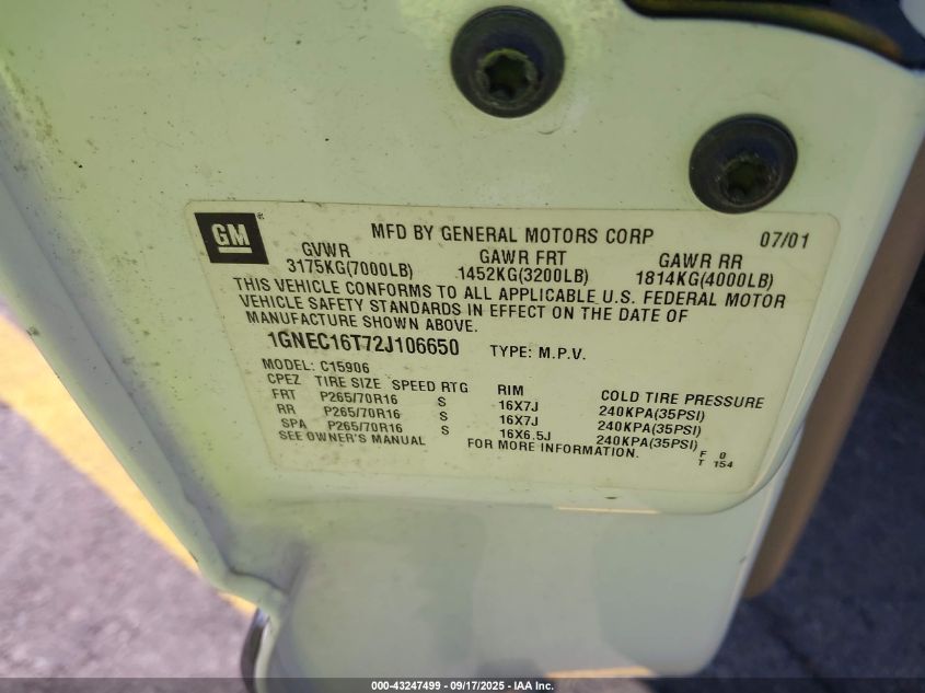 2002 Chevrolet Suburban 1500 Ls VIN: 1GNEC16T72J106650 Lot: 43247499