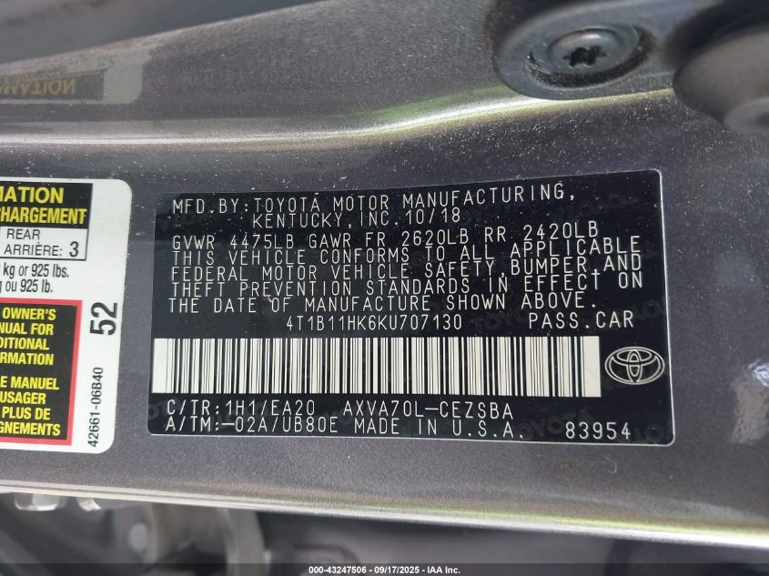 2019 Toyota Camry Se VIN: 4T1B11HK6KU707130 Lot: 43247506