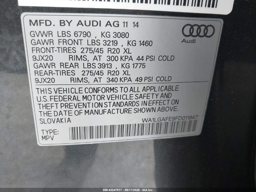 2015 Audi Q7 3.0T Premium VIN: WA1LGAFE9FD011947 Lot: 43247517